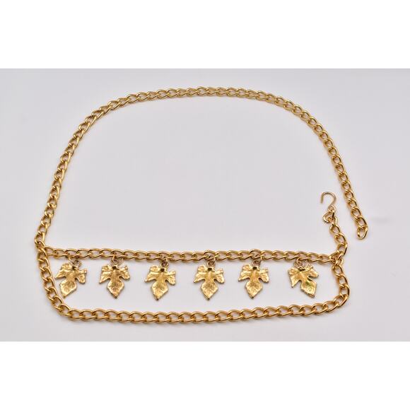 Vintage Statement Leaf Charm Chain Belt Gold Chunky Adjustable Fall Autumn 1980s